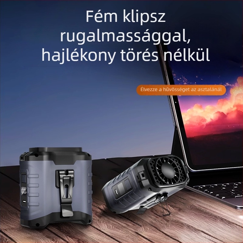 Oldalra csatolható kültéri ventilátor USB-s töltéssel, beépített 6000mAh akkumulátor, brushless motor, 5 sebesség, üzemidő több mint 12 óra
