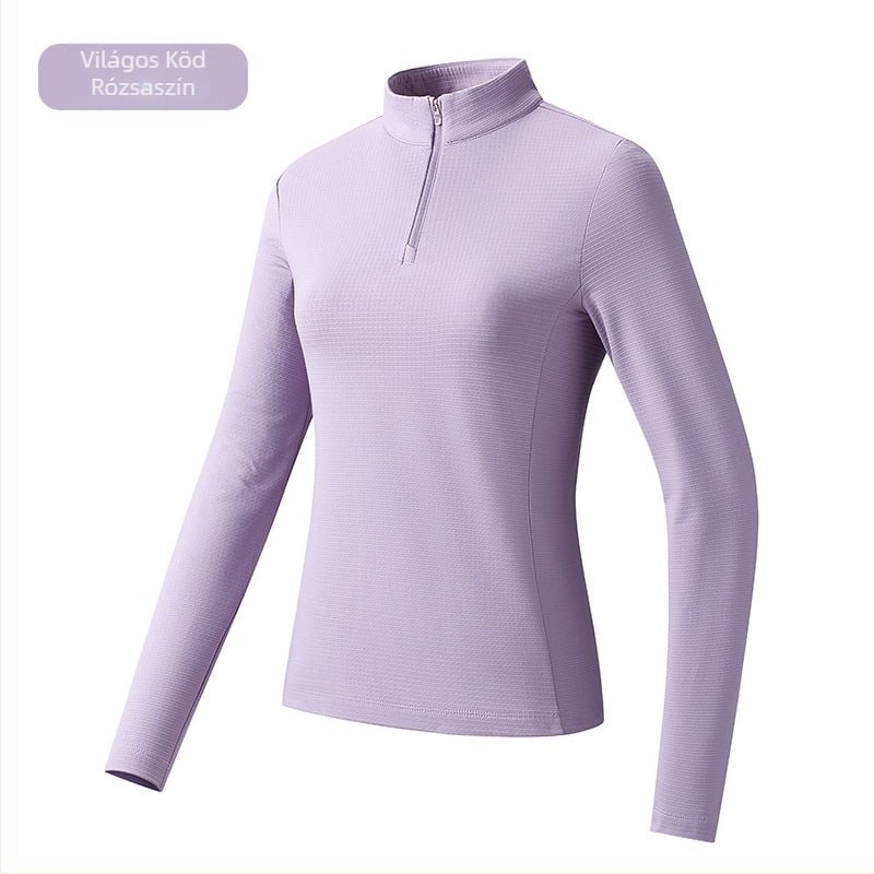 Férfi sportos T-shirt álló gallérral, légáteresztő poliészter, hosszú ujjú, karcsú szabás