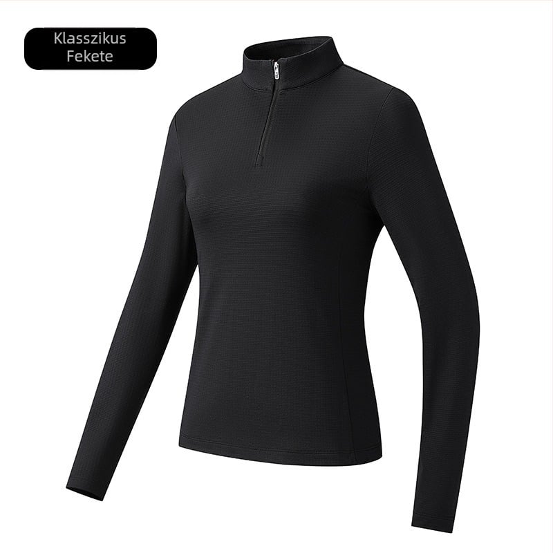 Férfi sportos T-shirt álló gallérral, légáteresztő poliészter, hosszú ujjú, karcsú szabás