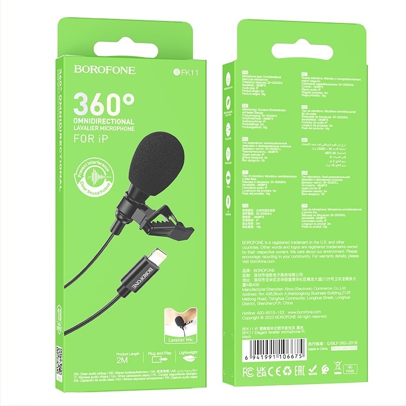 BOROFONE BFK11 Lavalier digitális mikrofon okostelekre, 100 Hz-20 kHz, SNR ≥75 dB, Beépített akkumulátor, Modell BFK11