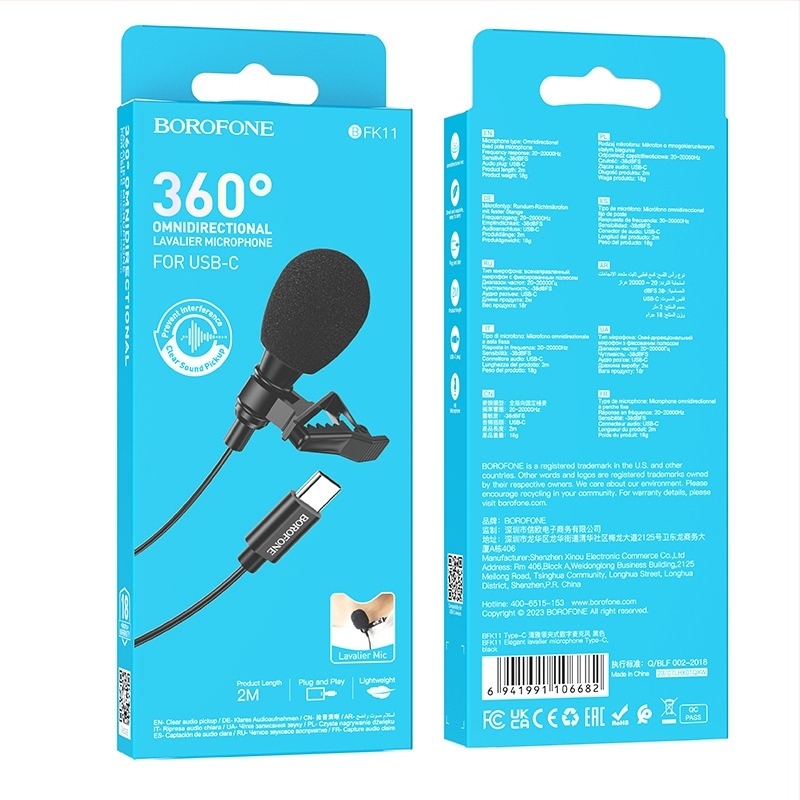 BOROFONE BFK11 Lavalier digitális mikrofon okostelekre, 100 Hz-20 kHz, SNR ≥75 dB, Beépített akkumulátor, Modell BFK11
