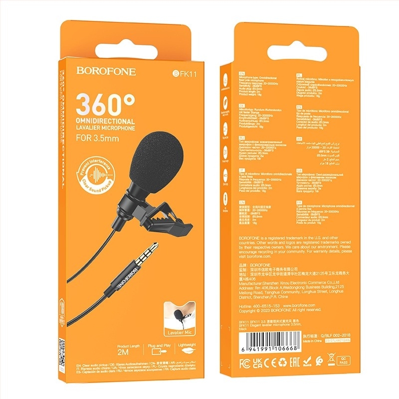 BOROFONE BFK11 Lavalier digitális mikrofon okostelekre, 100 Hz-20 kHz, SNR ≥75 dB, Beépített akkumulátor, Modell BFK11