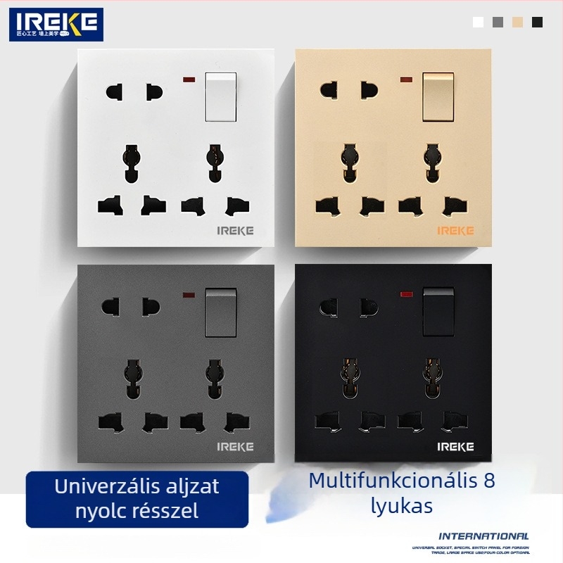 IREKE 86-os típusú rejtett falon szerelhető univerzális aljzat kapcsolóval, nyolc lyukú, 13A, AC250V, ónfoszforbronze érintkezők, CE tanúsítvány