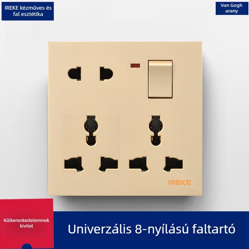 IREKE 86-os típusú rejtett falon szerelhető univerzális aljzat kapcsolóval, nyolc lyukú, 13A, AC250V, ónfoszforbronze érintkezők, CE tanúsítvány
