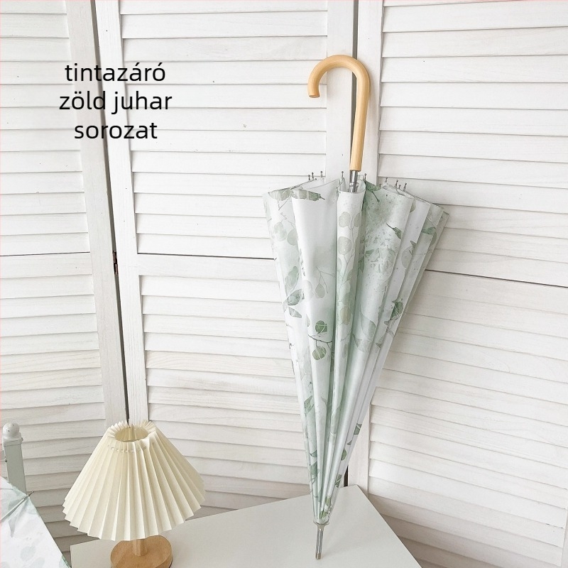 Két személyes esernyő hosszú fa markolattal, 16 bordázott keret, vasváz, félautomata nyitás, 190T anyag