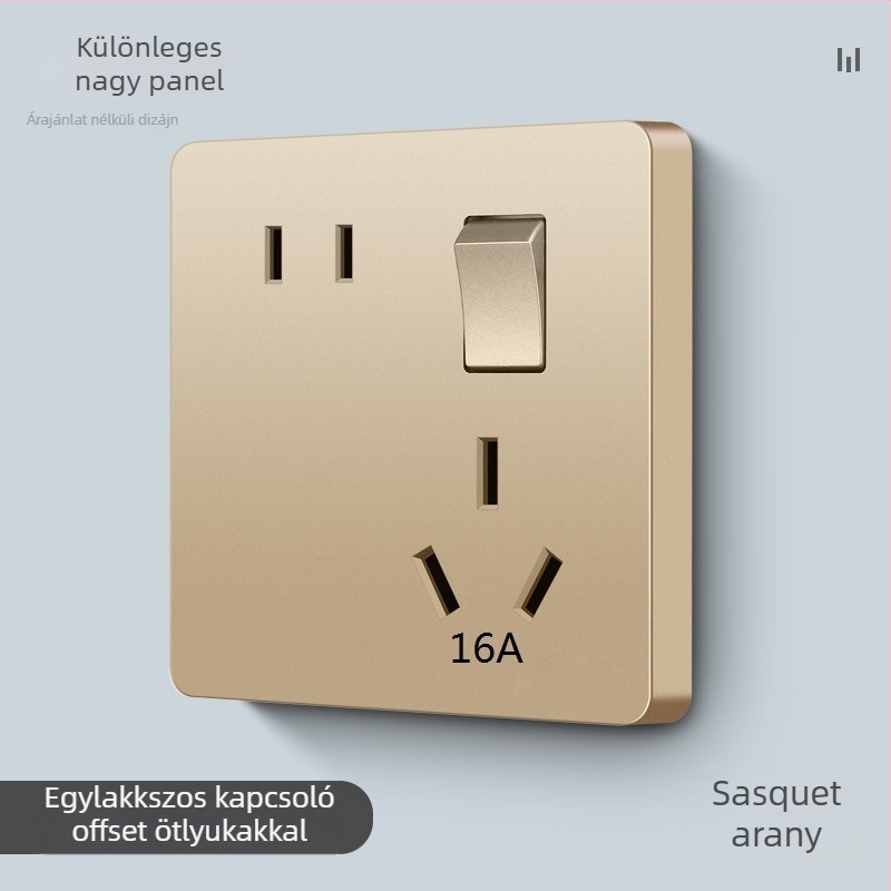 Fali panel kapcsolóval és aljzattal, egynyvezérléses, ötlyukas, 10A, 220-250V AC, foszfor-bronz érintkezők, CCC tanúsítvány