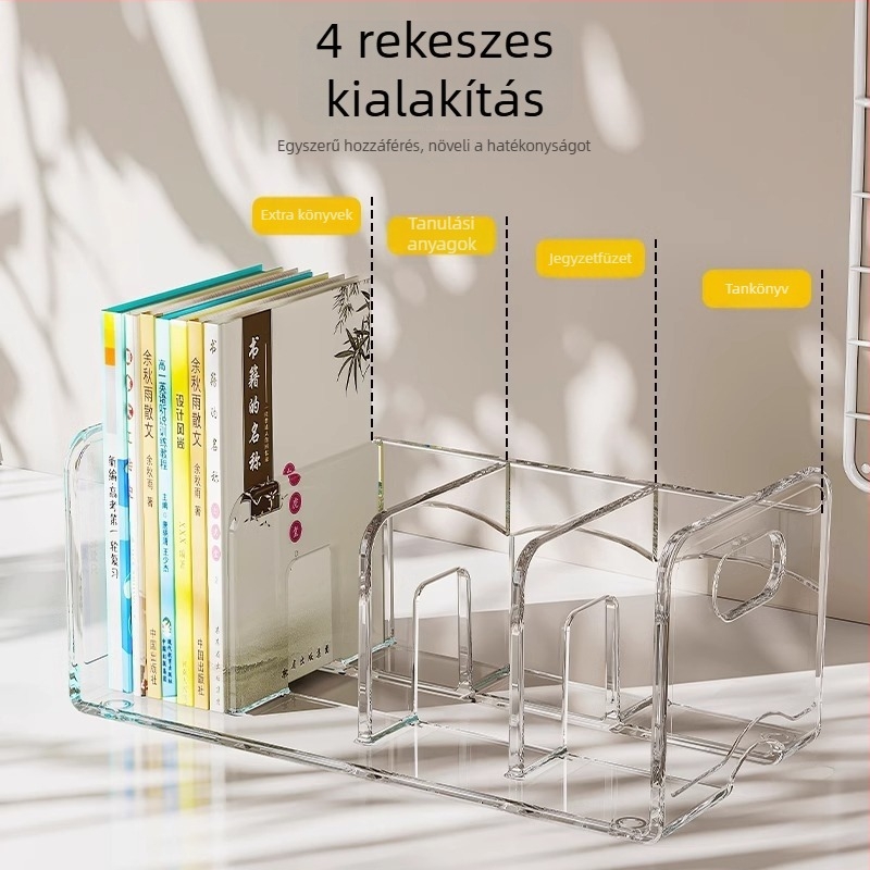 Mu Ming PET asztali könyvállvány, 4 szintes asztali tároló iroda vagy kollégium számára, többszörös funkció, összeszerelés nélkül
