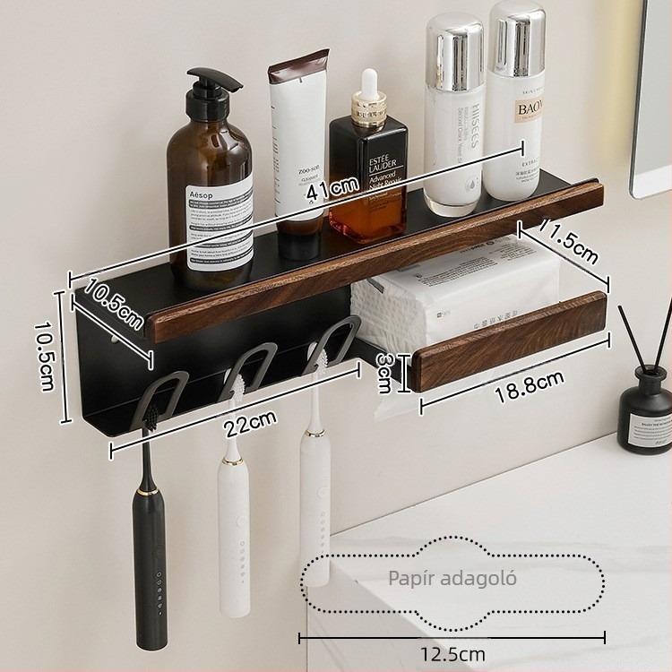 Fogkefetartó falra szerelhető, fúrás nélkül, Space alumínium + tömörfa, tartalmaz pohár tartót a szájvízhez és papírtörlő tartót, márka Darxinee