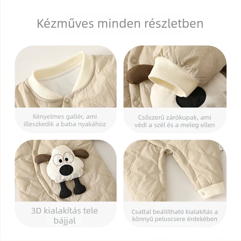 Baba mászóbodys – vastag nejlon külső, pamut bélés, hosszú ujjú, diagonális elől gombos záródás, téli–őszre, uniszex, újszülött 0–12 hónap
