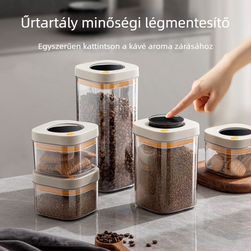 PET-ből készült vákuumos záródó tároló, élelmiszer-minőségű, négyszögletes, 301–500 ml, kávébabok és gabonák számára