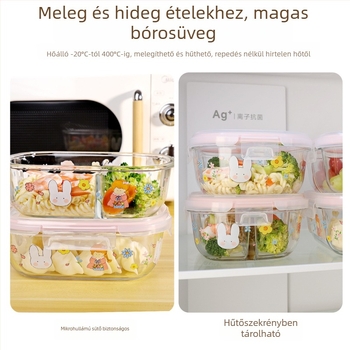 Üvegből készült ebédes doboz, mikrohullámú sütőbe tehető, nagy kapacitású 800-1000 ml, négyzet alakú, három rekeszes fedéllel