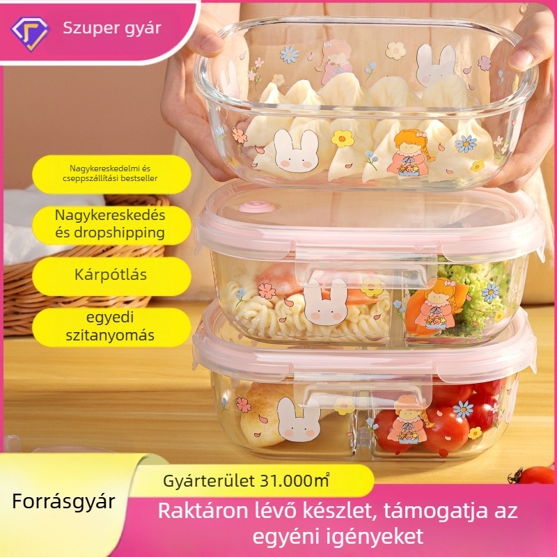 Üvegből készült ebédes doboz, mikrohullámú sütőbe tehető, nagy kapacitású 800-1000 ml, négyzet alakú, három rekeszes fedéllel