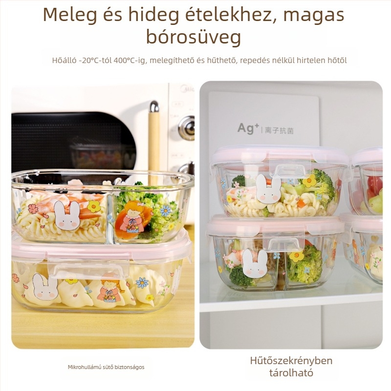 Üvegből készült ebédes doboz, mikrohullámú sütőbe tehető, nagy kapacitású 800-1000 ml, négyzet alakú, három rekeszes fedéllel