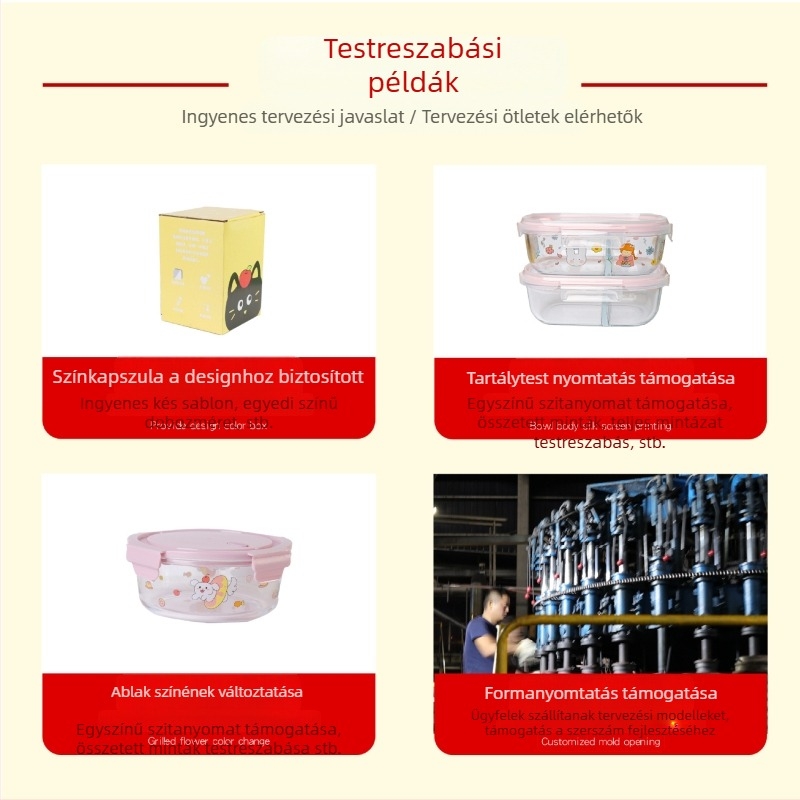 Üvegből készült ebédes doboz, mikrohullámú sütőbe tehető, nagy kapacitású 800-1000 ml, négyzet alakú, három rekeszes fedéllel