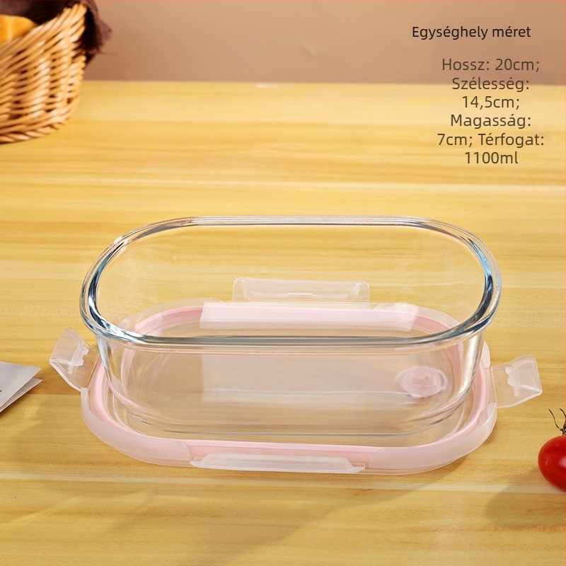 Üvegből készült ebédes doboz, mikrohullámú sütőbe tehető, nagy kapacitású 800-1000 ml, négyzet alakú, három rekeszes fedéllel
