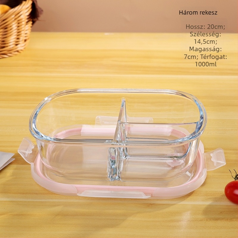 Üvegből készült ebédes doboz, mikrohullámú sütőbe tehető, nagy kapacitású 800-1000 ml, négyzet alakú, három rekeszes fedéllel