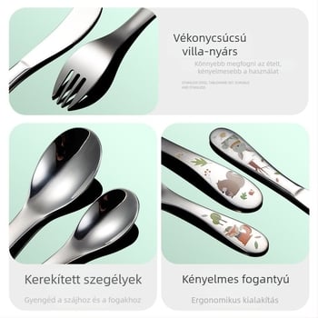 Gyerekeknek készült kés és villa készlet — 304 rozsdamentes acél, rajzfilm mintás felület, tükörfényes befejezés, gyermekek számára