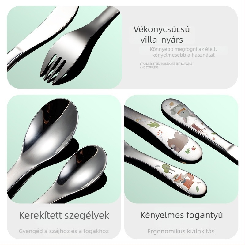 Gyerekeknek készült kés és villa készlet — 304 rozsdamentes acél, rajzfilm mintás felület, tükörfényes befejezés, gyermekek számára