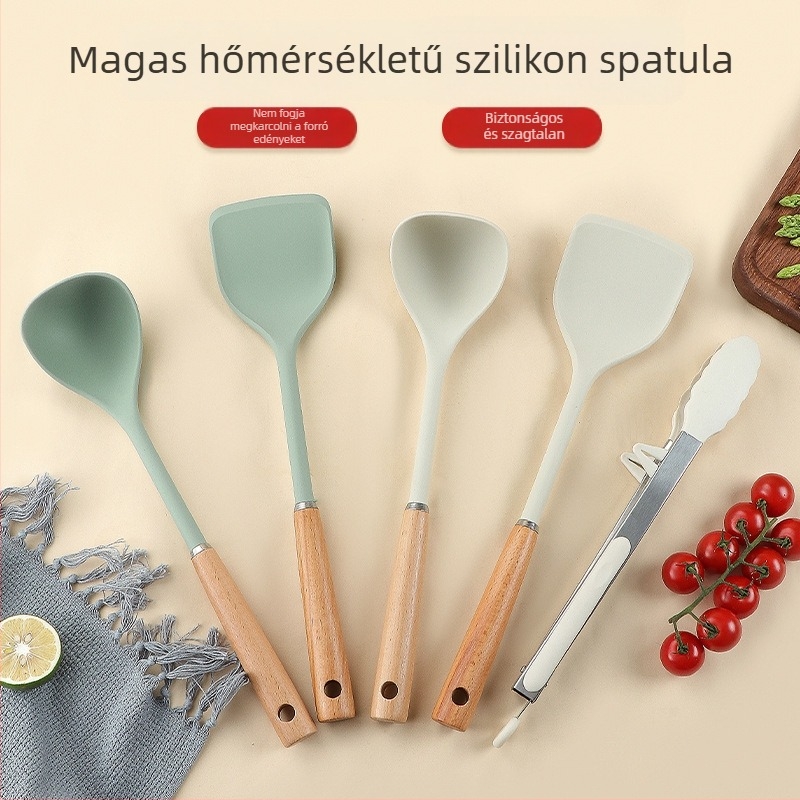 Szilikon spatula készlet fa nyéllel, magas hőmérséklet-álló, tapadásmentes