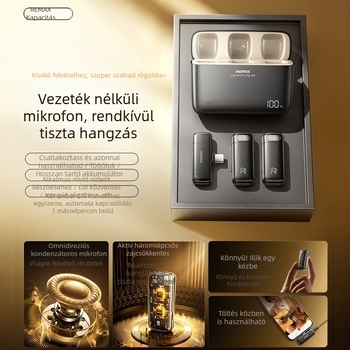REMAX Kettős-csatornás vezeték nélküli mikrofonrendszer élő közvetítéshez, nyakba rögzíthető mikrofon, Bluetooth 5.3, beépített akkumulátor 100–300 mAh, üzemidő 1–3 óra, SNR < 60 dB, Modell k13/k15