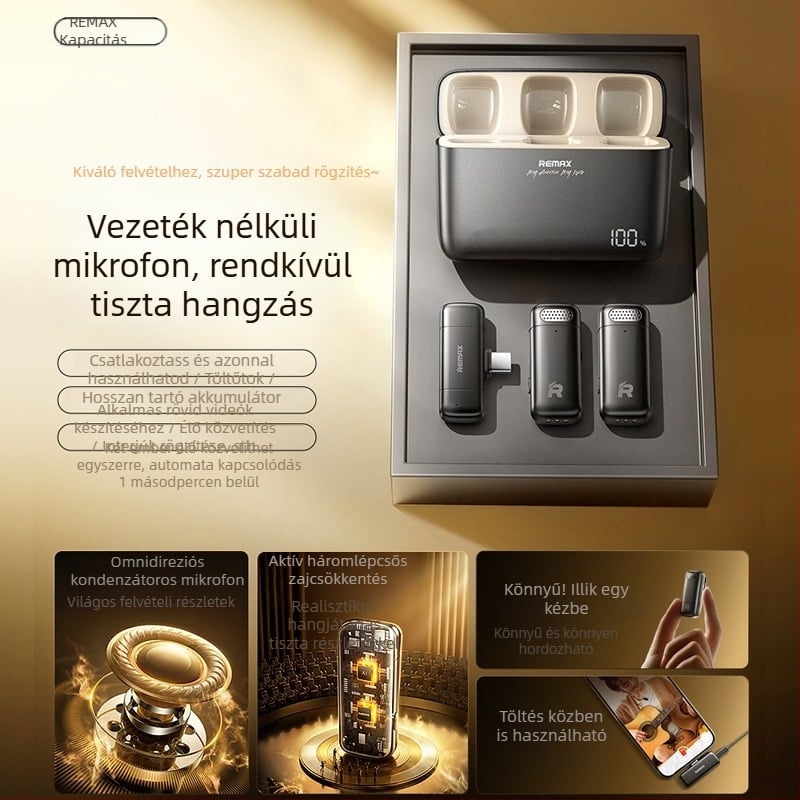REMAX Kettős-csatornás vezeték nélküli mikrofonrendszer élő közvetítéshez, nyakba rögzíthető mikrofon, Bluetooth 5.3, beépített akkumulátor 100–300 mAh, üzemidő 1–3 óra, SNR < 60 dB, Modell k13/k15
