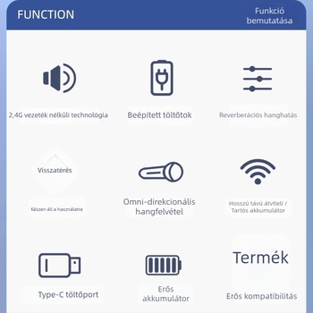 Lavalier mikrofon töltőtokkal élő közvetítésekhez – Bluetooth 5.0, beépített akkumulátor, frekvenciatartomány 20 Hz–20 kHz, SNR ≥60 dB, üzemidő 6–8 óra.