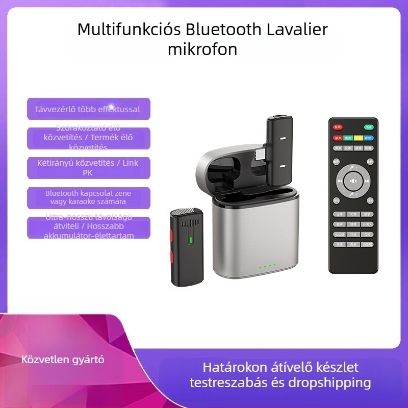 Lavalier mikrofon töltőtokkal élő közvetítésekhez – Bluetooth 5.0, beépített akkumulátor, frekvenciatartomány 20 Hz–20 kHz, SNR ≥60 dB, üzemidő 6–8 óra.