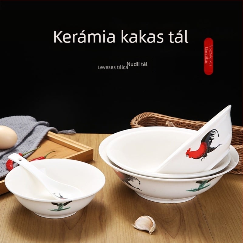 Porcelán kakasos tál virágmintával, kör alakú forma, mikrohullámú sütőben használható, glazúrt felület, első osztályú minőség