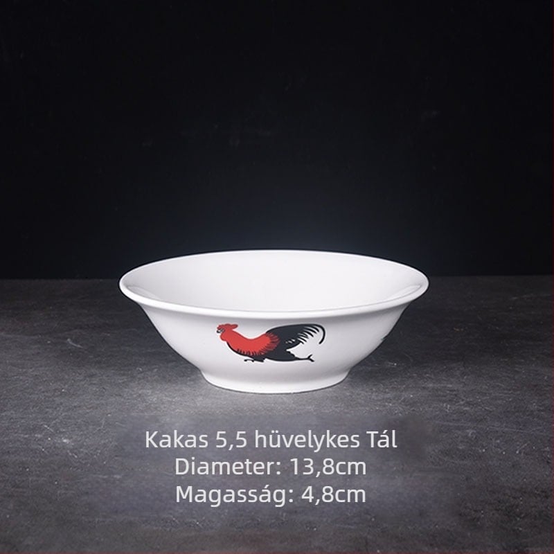 Porcelán kakasos tál virágmintával, kör alakú forma, mikrohullámú sütőben használható, glazúrt felület, első osztályú minőség