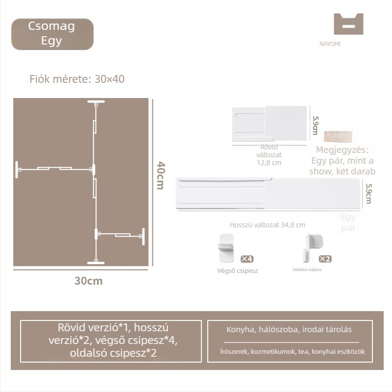 Műanyag konyhai fiók rendező teleszkópos elválasztóval, japán stílus, 1 réteg, falra szívható telepítés, Mai Qi
