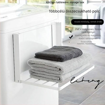 Mágneses, összecsukható falra szerelhető tárolópolc mosógép és hűtő mellé, telepítés nélkül, vasból készült, 1 polc, modern, minimalist stílus, fürdőszoba és mosókonyha számára