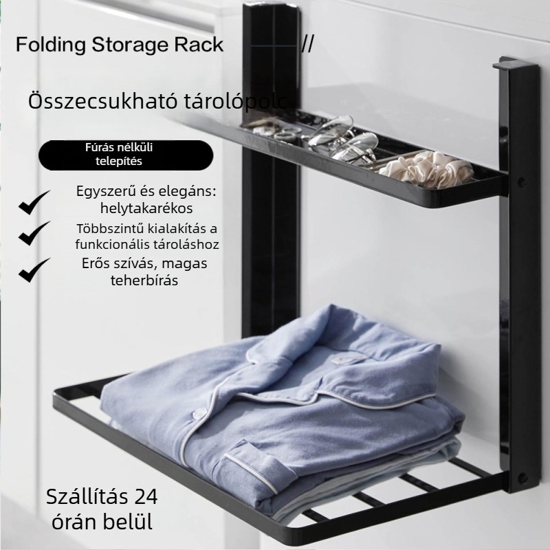 Mágneses, összecsukható falra szerelhető tárolópolc mosógép és hűtő mellé, telepítés nélkül, vasból készült, 1 polc, modern, minimalist stílus, fürdőszoba és mosókonyha számára