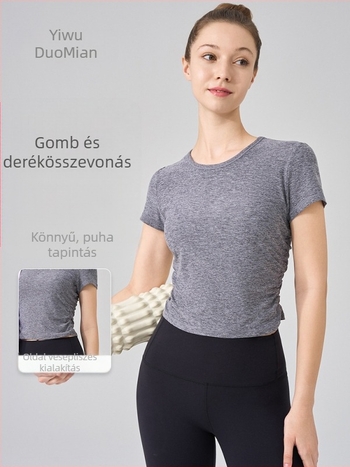 NS rib anyagú jóga felső, szuper rugalmas anyag, 80% nylon, 20% spandex, rövid ujjú, hossza a hasig