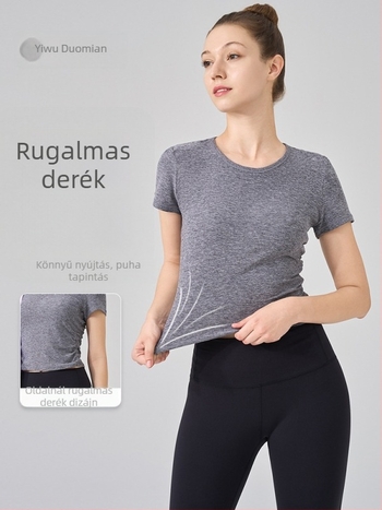 NS rib anyagú jóga felső, szuper rugalmas anyag, 80% nylon, 20% spandex, rövid ujjú, hossza a hasig