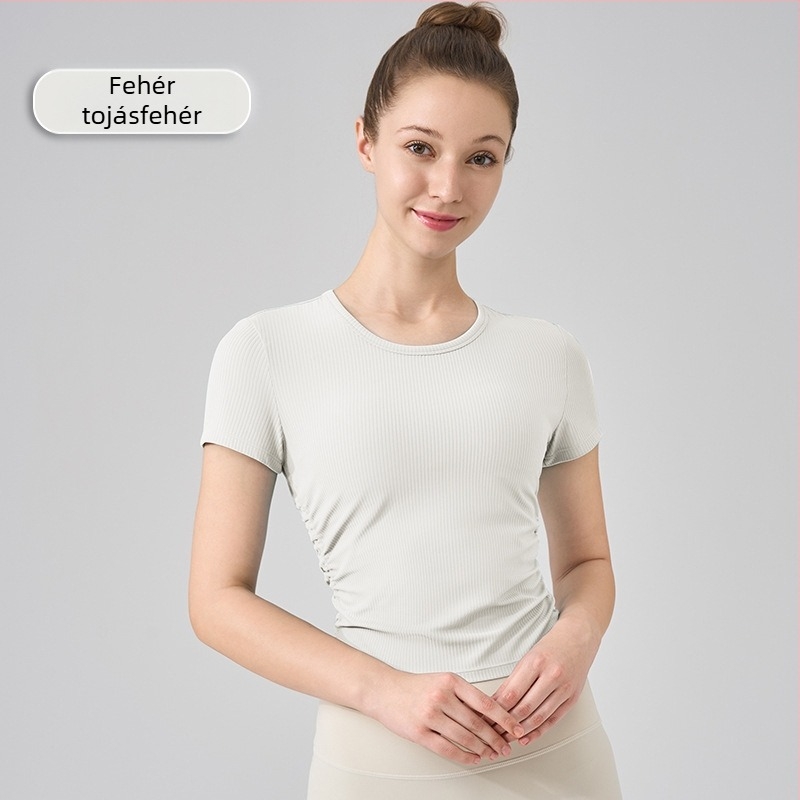 NS rib anyagú jóga felső, szuper rugalmas anyag, 80% nylon, 20% spandex, rövid ujjú, hossza a hasig