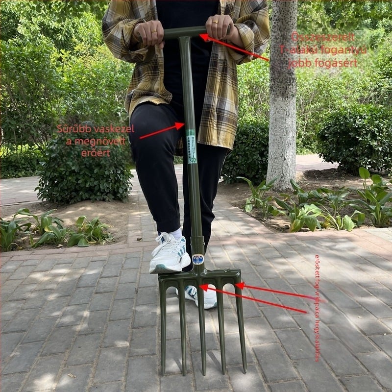 Kézi működtetésű acélvilla-gereblye mélyfúráshoz és lazításához a talajban, mangán acél, mezőgazdasági felhasználás