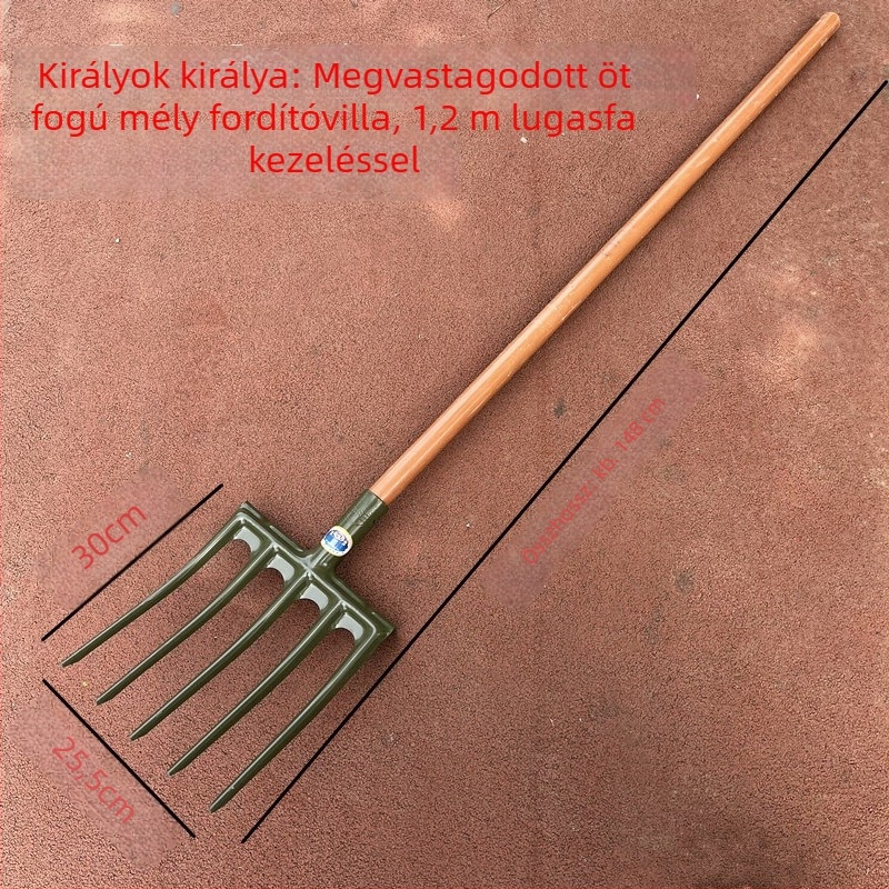 Kézi működtetésű acélvilla-gereblye mélyfúráshoz és lazításához a talajban, mangán acél, mezőgazdasági felhasználás