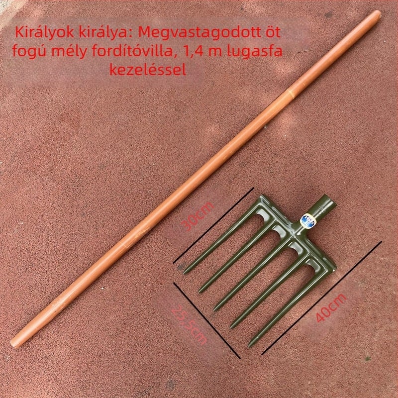 Kézi működtetésű acélvilla-gereblye mélyfúráshoz és lazításához a talajban, mangán acél, mezőgazdasági felhasználás