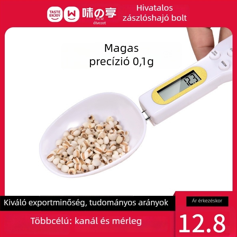 Elektronikus konyhai mérleg pontos grammban történő mérésével és mérőkanállal, ABS anyag