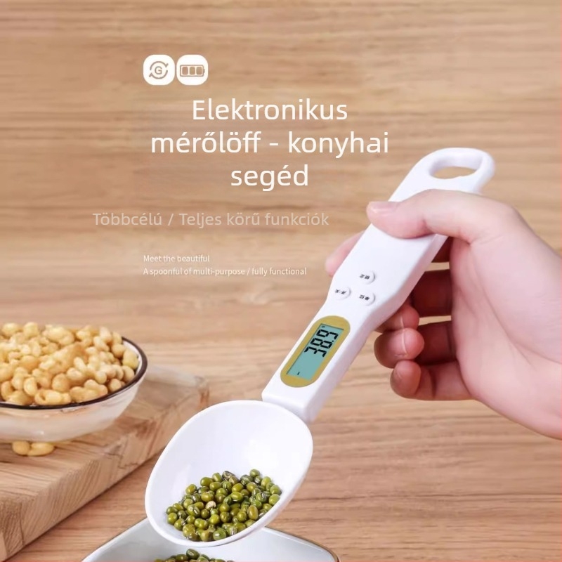 Elektronikus konyhai mérleg pontos grammban történő mérésével és mérőkanállal, ABS anyag