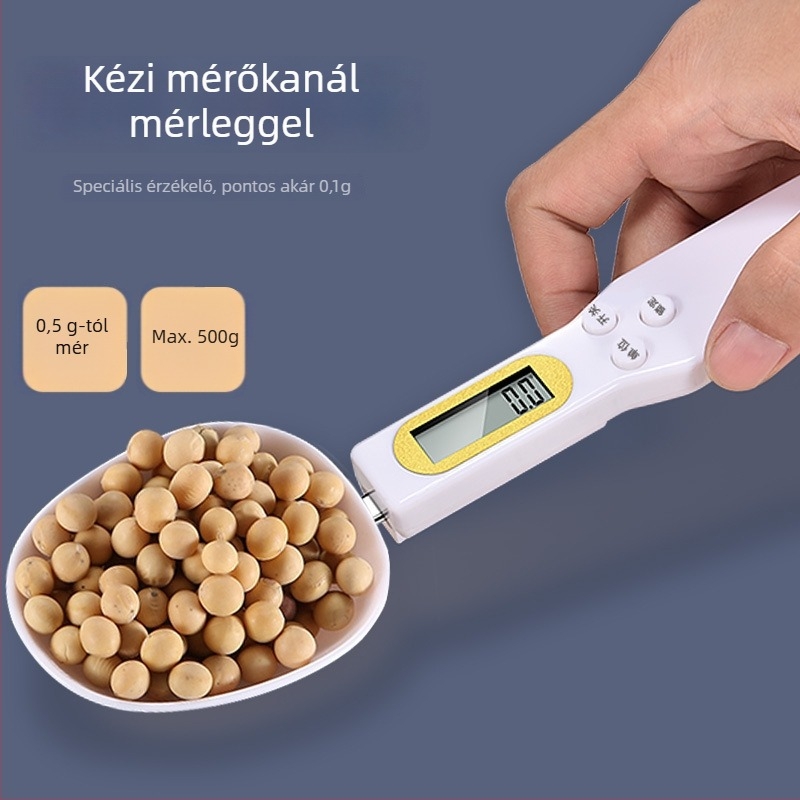 Elektronikus konyhai mérleg pontos grammban történő mérésével és mérőkanállal, ABS anyag