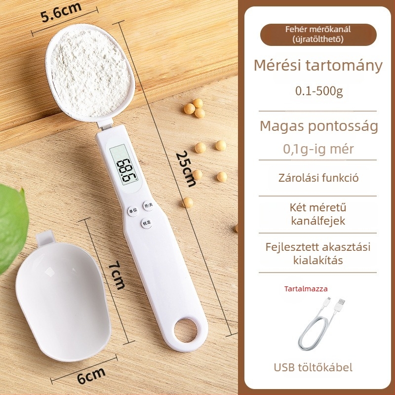 Elektronikus konyhai mérleg pontos grammban történő mérésével és mérőkanállal, ABS anyag