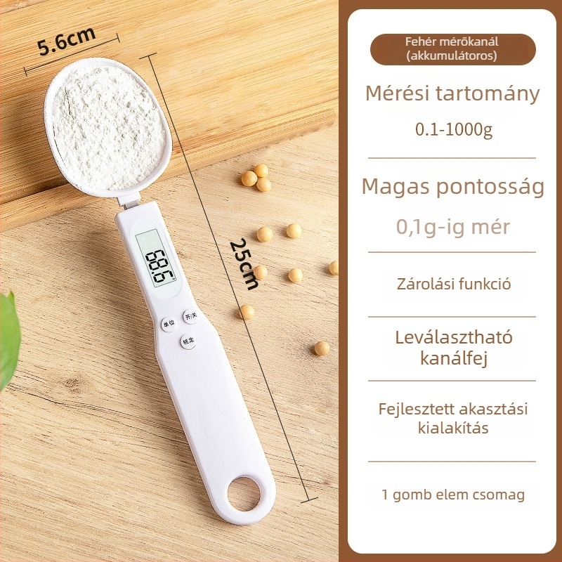 Elektronikus konyhai mérleg pontos grammban történő mérésével és mérőkanállal, ABS anyag