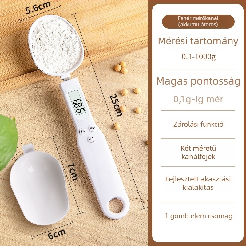 Elektronikus konyhai mérleg pontos grammban történő mérésével és mérőkanállal, ABS anyag