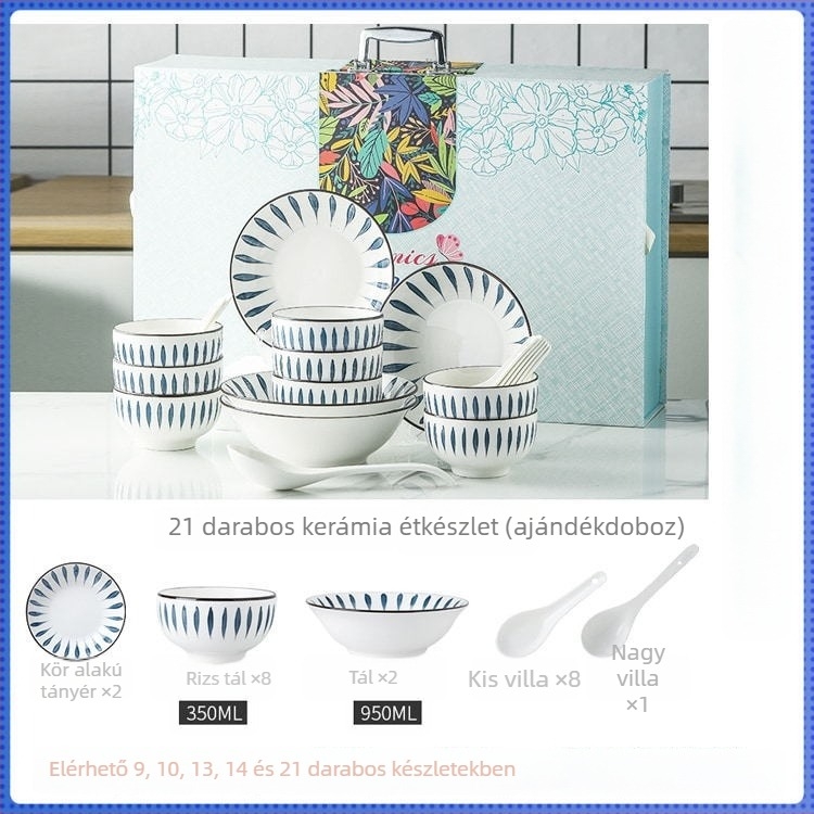 Porcelán étkészlet: tálak és tányérok, alglazúros felület, csíkos mintázat, logó nyomtatás