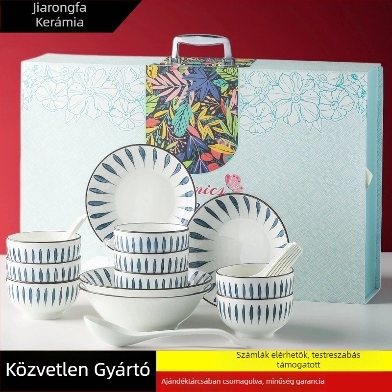 Porcelán étkészlet: tálak és tányérok, alglazúros felület, csíkos mintázat, logó nyomtatás