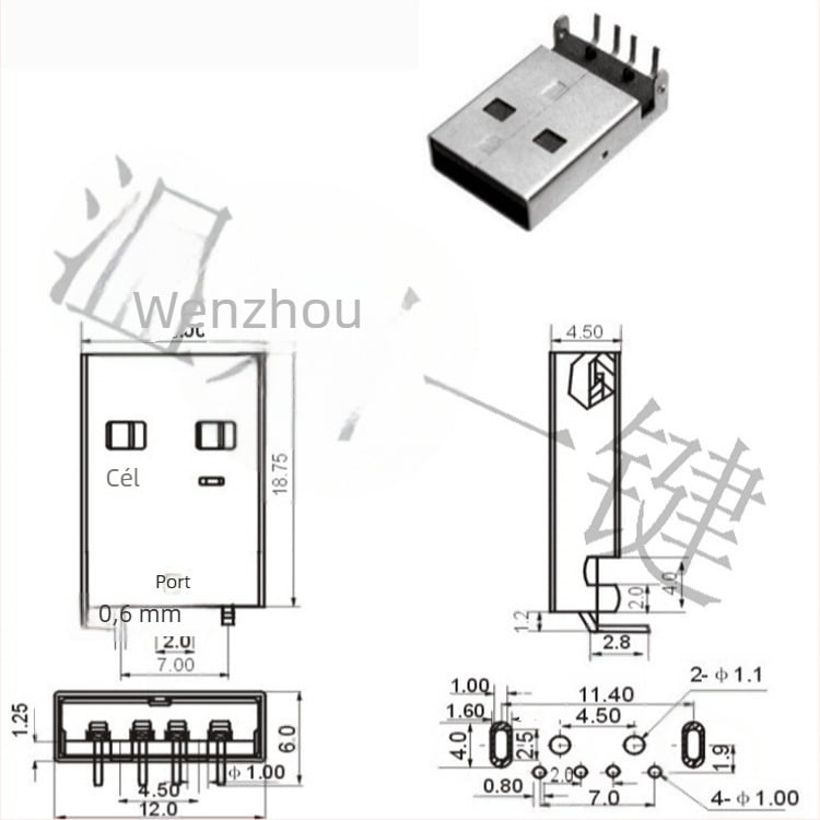 USB 2.0 Type-A férfi csatlakozó, 90°-os derékszög, PCB-beépítés, AMUSB-109