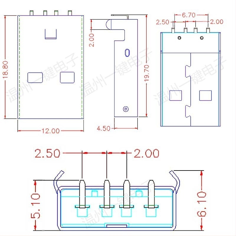USB 2.0 Type-A férfi csatlakozó, 90°-os derékszög, PCB-beépítés, AMUSB-109