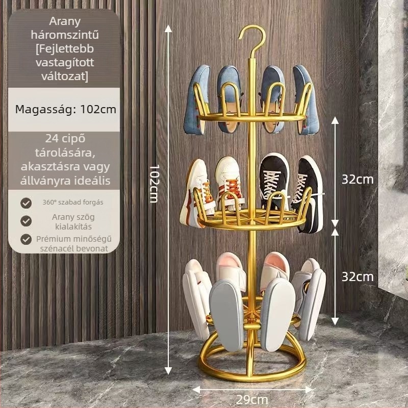3-szintes forgó padlón álló cipőállvány karbonacélból – beltéri/kültéri tároló, fúrás nélkül