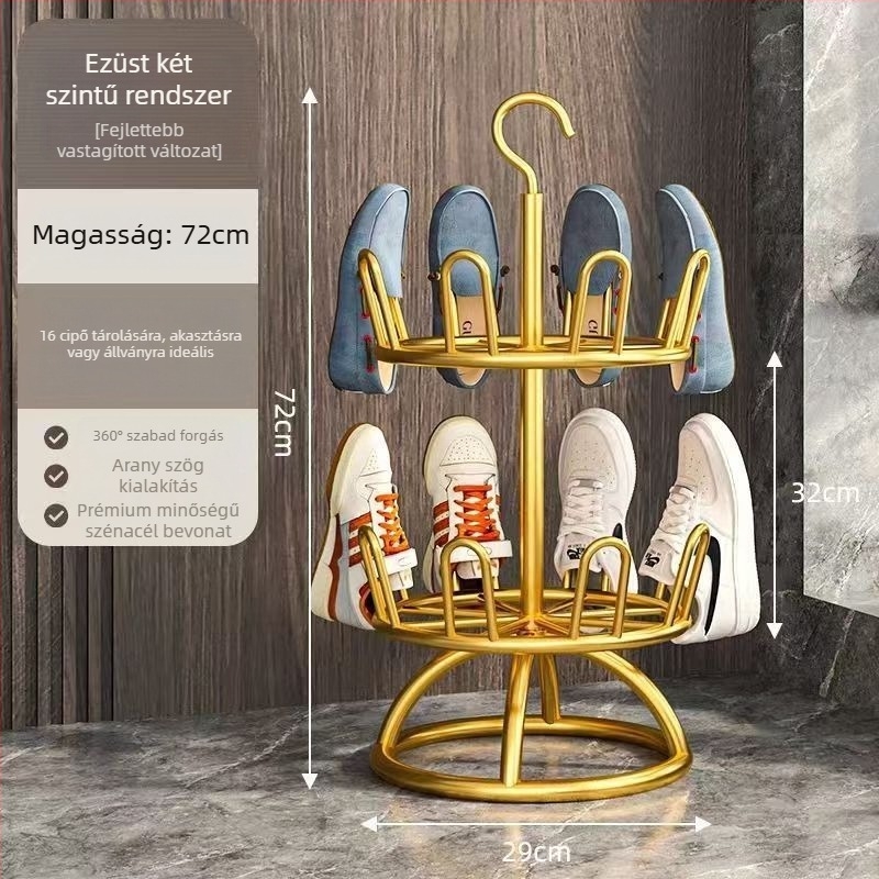 3-szintes forgó padlón álló cipőállvány karbonacélból – beltéri/kültéri tároló, fúrás nélkül